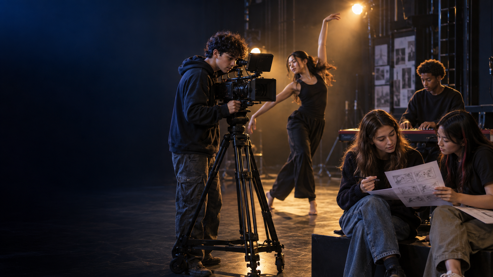 Teen arts students working together in film, dance, music and visual storytelling